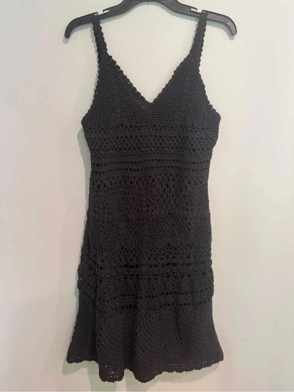 Lucky Brand Black Diamond Crochet V-Neck Mini Dress Cottagecore Boho Luxe Size M